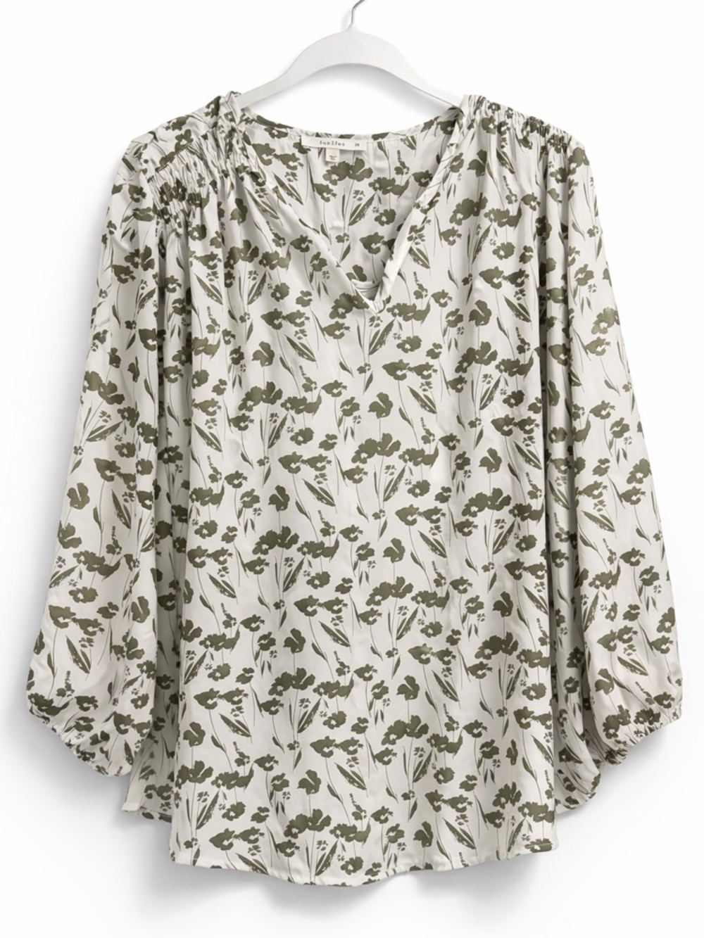 Olive Green Floral Smocked Shoulder Blouse – Flowy 3/4 Sleeve Top